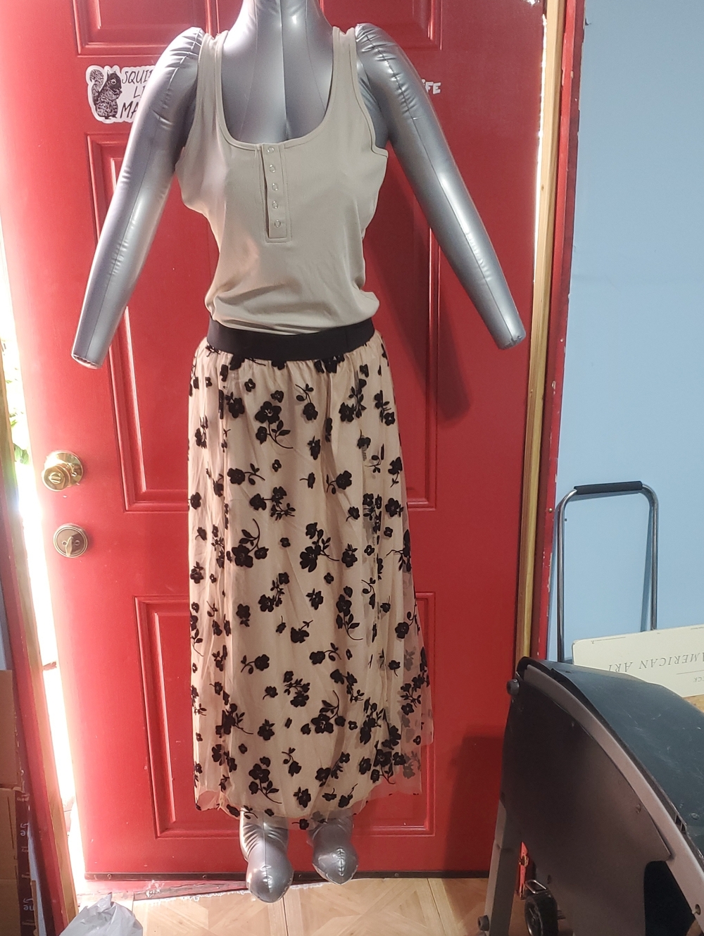 Beige Floral Midi Skirt with Black Waistband - Women's Skirt
